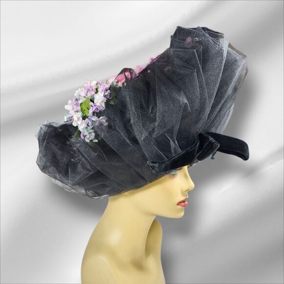 Vintage Mme. Poswolsky NY Black Tulle Derby Hat Roses & Rhinestones 1950s RARE main image 7